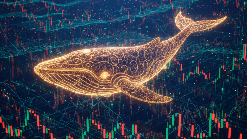 비트코인 가격 차트 위를 헤엄치는 거대한 디지털 고래의 모습