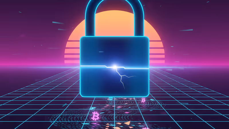 부서진 디지털 자물쇠와 가상자산 기호가 포함된 사이버 보안 배경