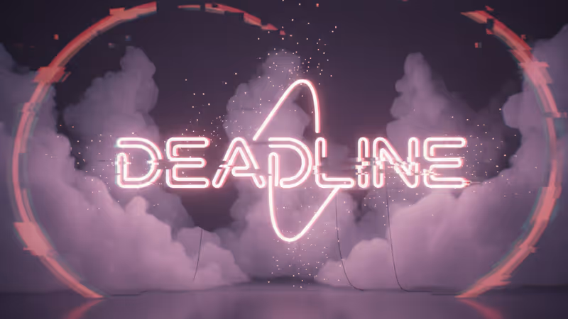 A pink neon sign saying DEADLINE in a dark studio