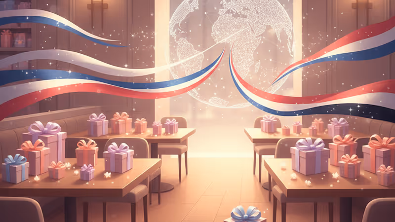 豪華にラッピングされたプレゼントが並ぶレストランの店内