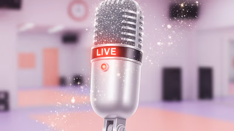 라이브 방송 마이크와 K-팝 연습실 배경