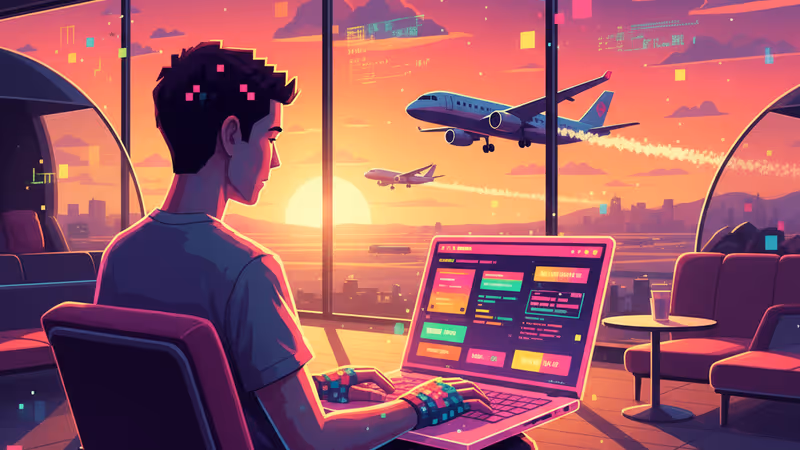 Traveler working on a laptop with an airport runway view