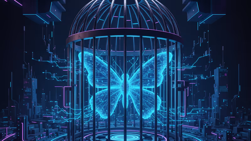 Blue butterfly trapped in a heavy iron cage