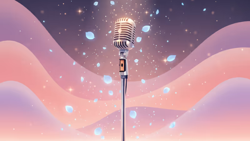 무대 위 홀로 빛나는 마이크와 아련한 분위기의 공연장 전경