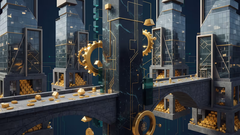 日本銀行と米国連邦準備制度理事会の建物の間でバランスを取る比喩的なイメージ