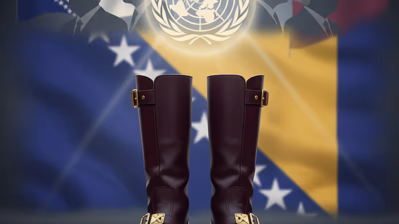 공항 활주로에 서 있는 보스니아 군인의 부츠와 배경의 유엔 깃발