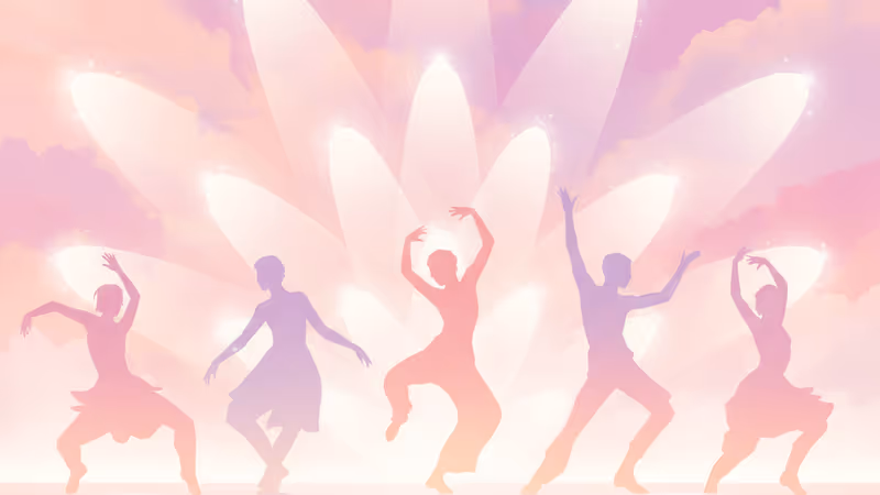 서바이벌 쇼 무대 위에서 다양한 데뷔 경로를 상징하는 연습생들의 모습