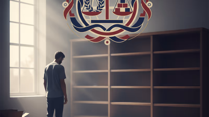 A volunteer looking out a window next to empty food pantry shelves