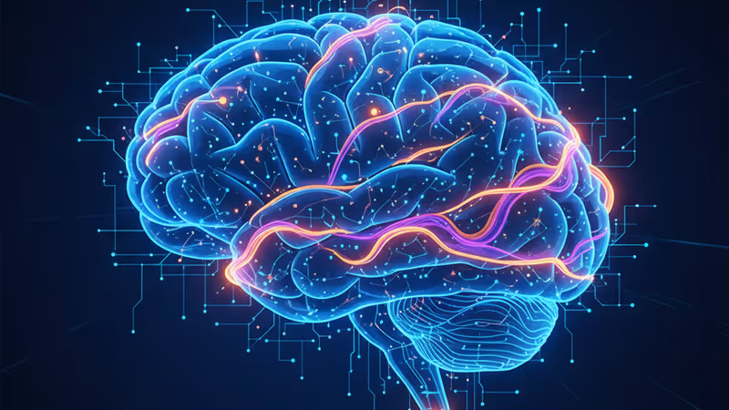 뇌 내 에너지 흐름을 형상화한 그래픽과 과학 연구실 배경