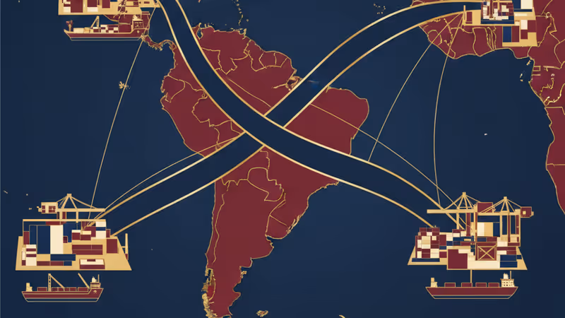 懸掛巴西與中國國旗的大型貨櫃船停泊於繁忙港口