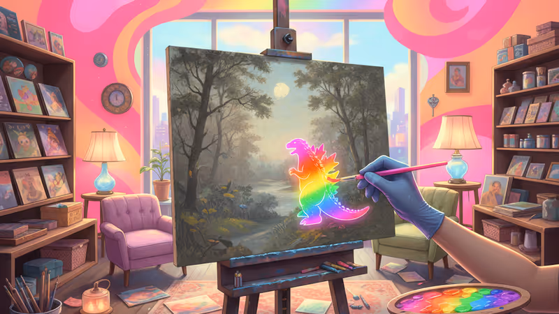 An artist adding a playful Godzilla character to a vintage thrifted landscape painting
