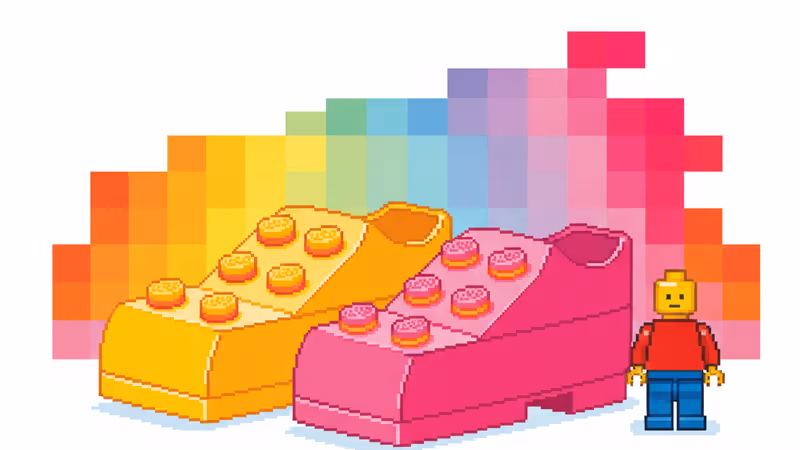 레고 브릭 모양으로 디자인된 노란색과 빨간색 크록스 신발 전경