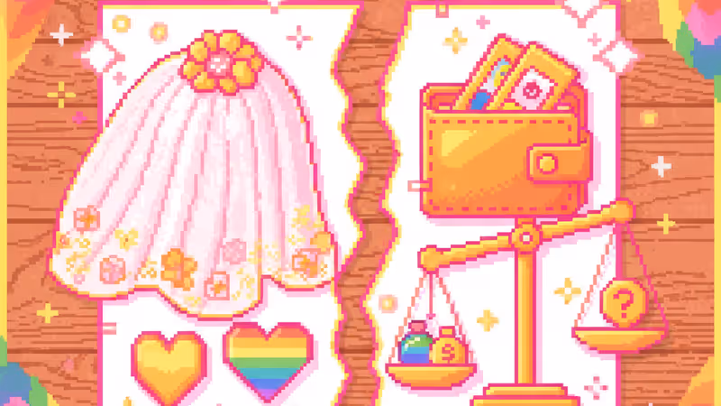 가운데가 갈라진 웨딩 케이크와 갈등을 상징하는 실루엣