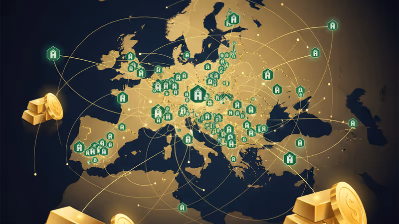 欧州の地図と高級マンションのシルエットが重なるデジタルイメージ