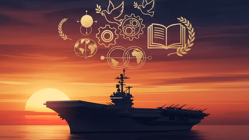 걸프해를 항해하는 항공모함의 실루엣과 긴장된 중동 정세