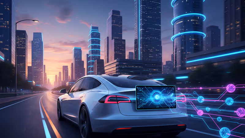 テスラのロボタクシー試験車両の車内と監視する技術者