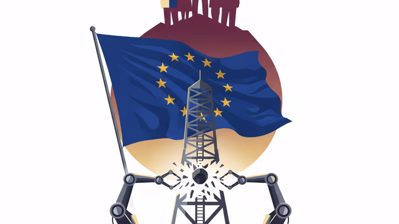 EU flag overlaid with 5G telecommunication equipment