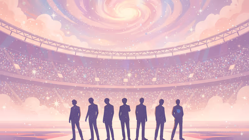 Silhouettes of BTS members on a stadium stage with purple lighting.