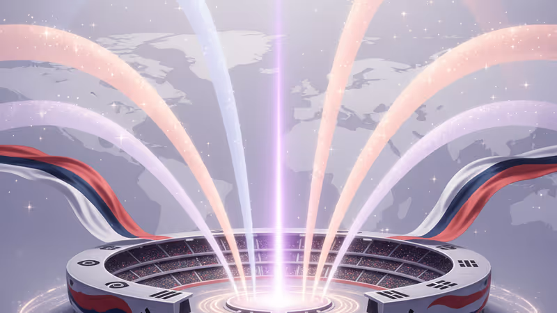 Wide view of a stadium stage with seven purple beams of light converging