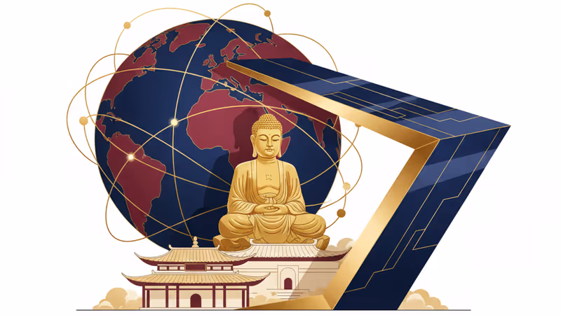 중국 전통 사찰과 종교적 감찰을 상징하는 현대적인 그림자