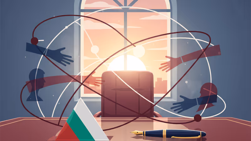 불가리아 대통령 집무실의 빈 책상과 국기