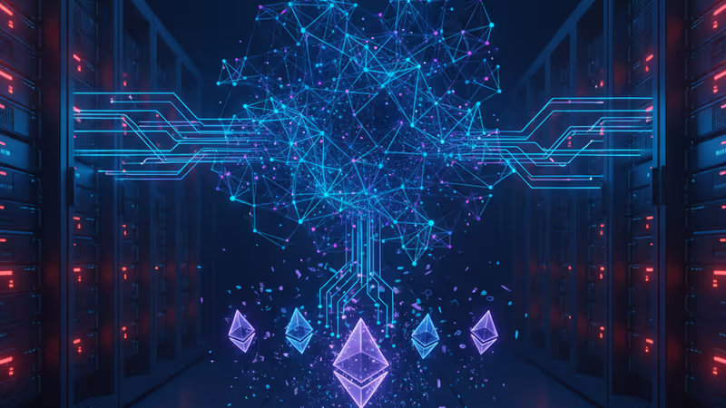 붉은 경고등이 켜진 미래형 서버실과 흩어지는 이더리움 로고