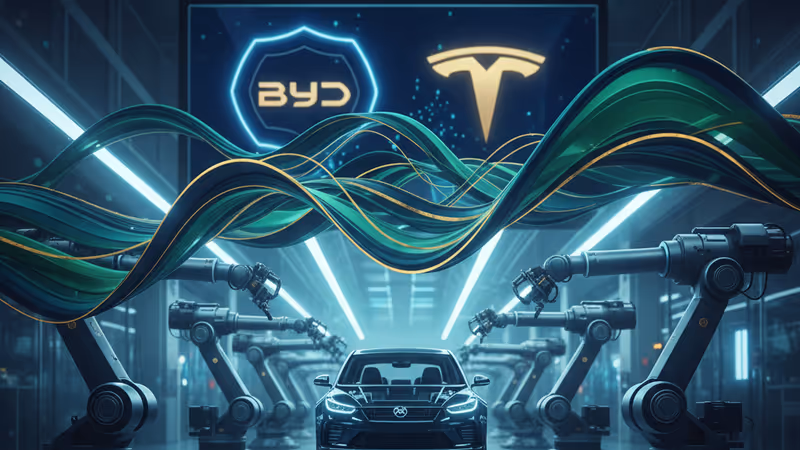 BYD와 테슬라의 2025년 판매 실적을 대비시킨 그래픽