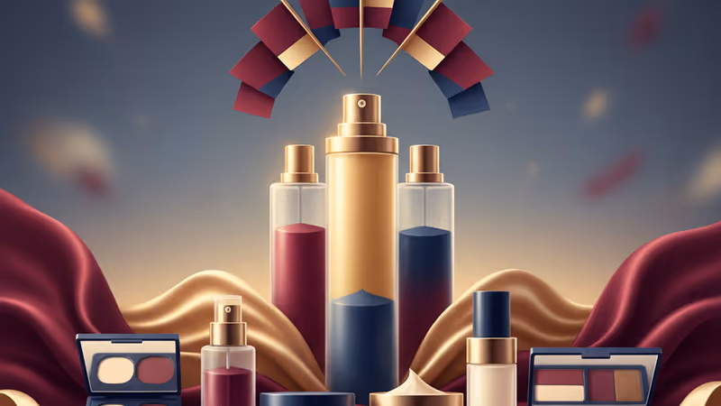 A collection of modern cosmetic products on a red background symbolizing the growth of the Chinese market.