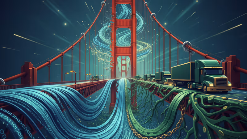 The Golden Gate Bridge contrasted with moving trucks, symbolizing tech exodus