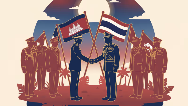 A peaceful view of the Cambodia-Thailand border area with both national flags.