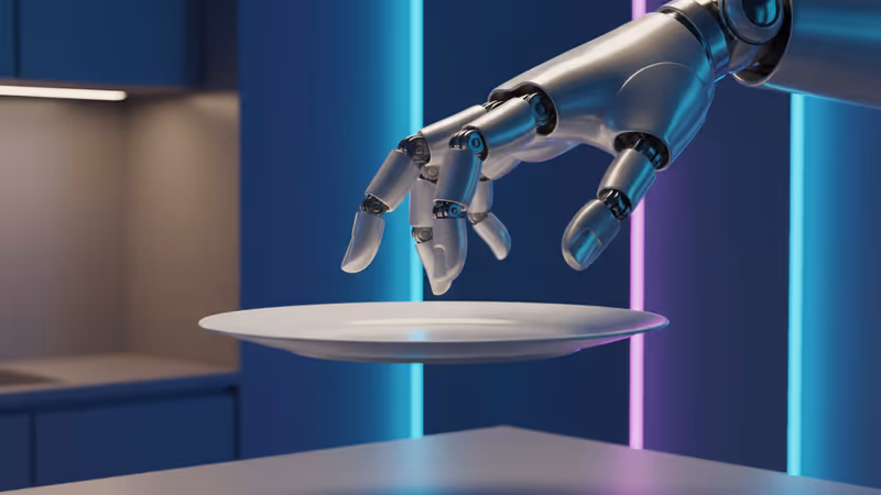 Close-up of LG CLOiD's five-fingered robotic hand holding a plate