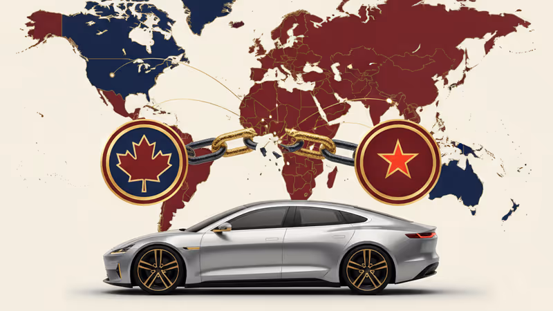 An electric vehicle placed in front of Canadian and Chinese flags with broken chains