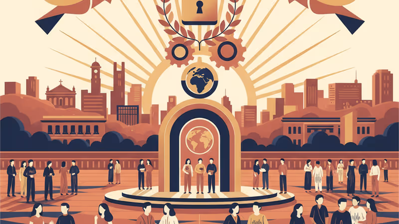 석양 아래 카라카스 광장에 모여 대화하는 베네수엘라 시민들