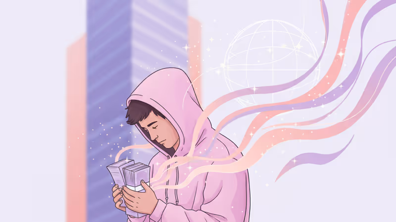 현금 뭉치를 들고 거대 기업 건물 앞에 선 카세로 주인공