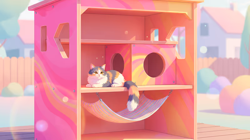 庭の窓に取り付けられた木製の猫用テラスでくつろぐ猫