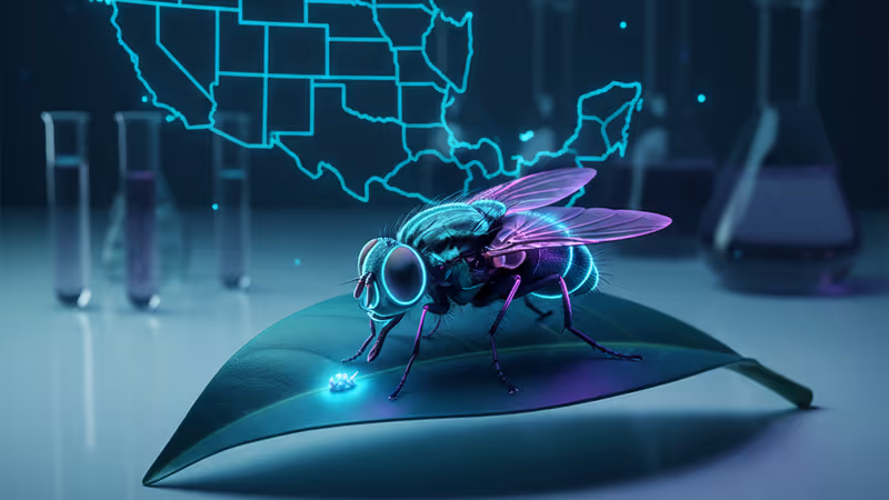 顕微鏡で見た新世界ラセンウジバエの成虫と医療警告のイメージ