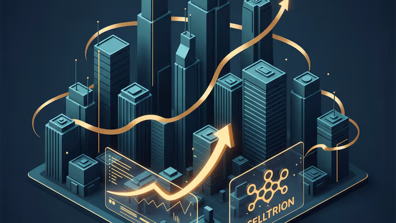 Futuristic laboratory and a digital chart showing Celltrion's profit growth