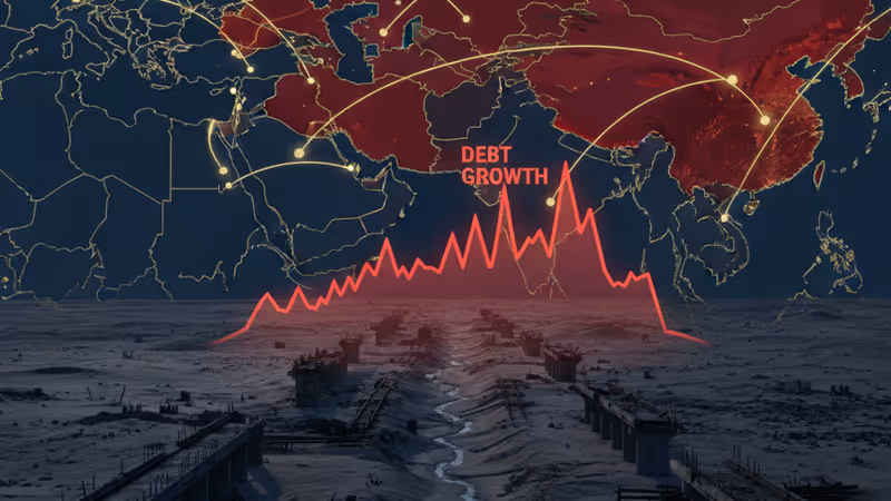 A red statistical chart of rising debt overlaid on a Central Asian road construction site
