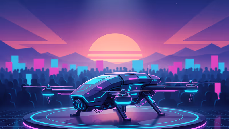 라스베이거스 야경을 배경으로 한 드론 실루엣과 보안 자물쇠 이미지