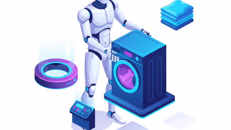 현대적인 세탁실에서 빨래를 세탁기에 넣고 있는 휴머노이드 로봇의 모습