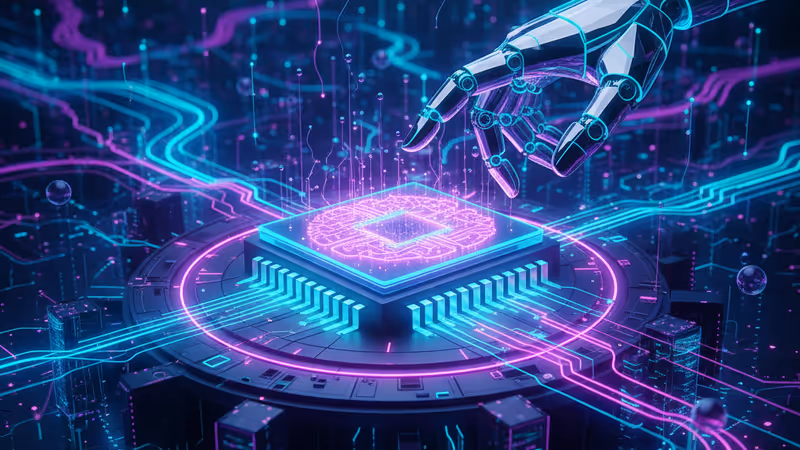 현대적인 무대 위에서 빛나는 반도체 칩과 상호작용하는 휴머노이드 로봇 팔