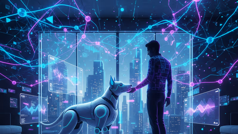 현대적인 거실에서 사람과 교감하는 비숑 프리제 모양의 AI 로봇 개.