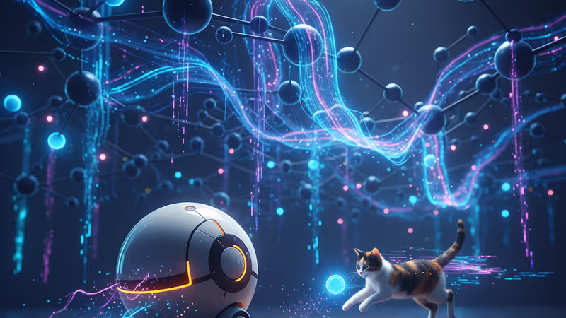 A small white spherical robot named Vex following a dog in a modern living room