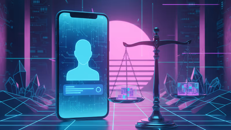 법적 저울 옆에 놓인 캐릭터 AI 인터페이스가 표시된 태블릿 화면