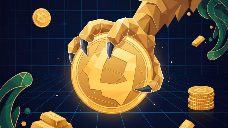 A metallic eagle claw gripping a golden cryptocurrency coin against a digital background