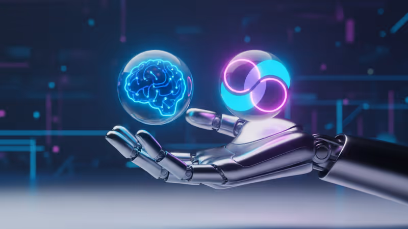 ChatGPT와 제미나이의 로고를 상징하는 구체를 들고 있는 로봇 손