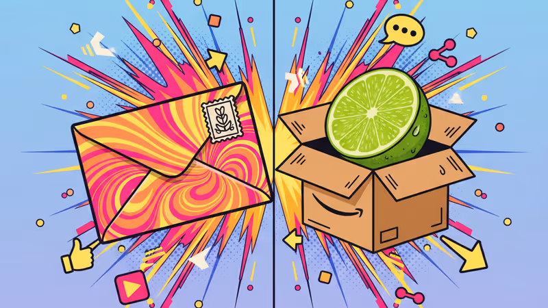 A close-up comparison between a postage stamp and a lime on an Amazon box