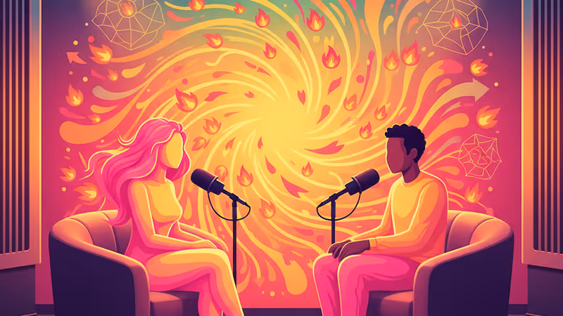 팟캐스트 스튜디오에서 대화 중인 셰어와 댁스 셰퍼드