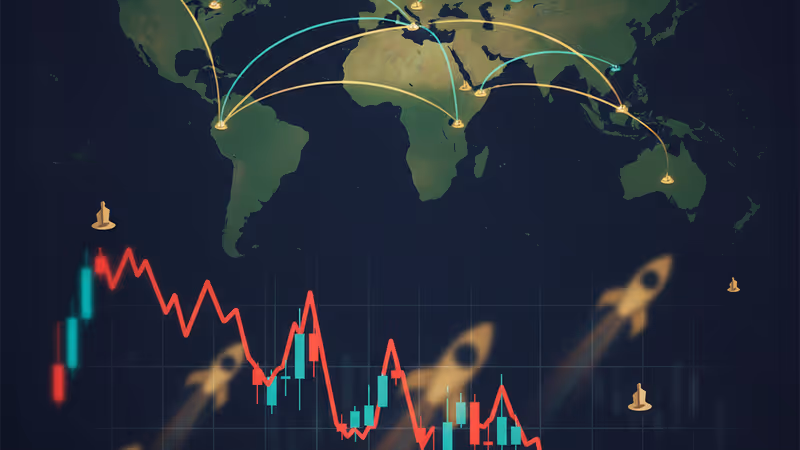하락하는 주가 차트와 우주 로켓의 실루엣