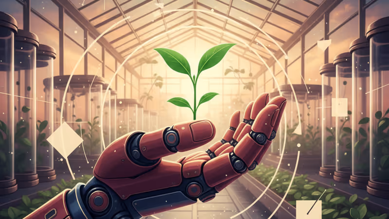 Robotic hand holding a seedling in a high-tech greenhouse